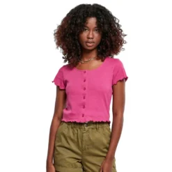 URBAN CLASSICS Cropped Button Short Sleeve Round Neck T-Shirt